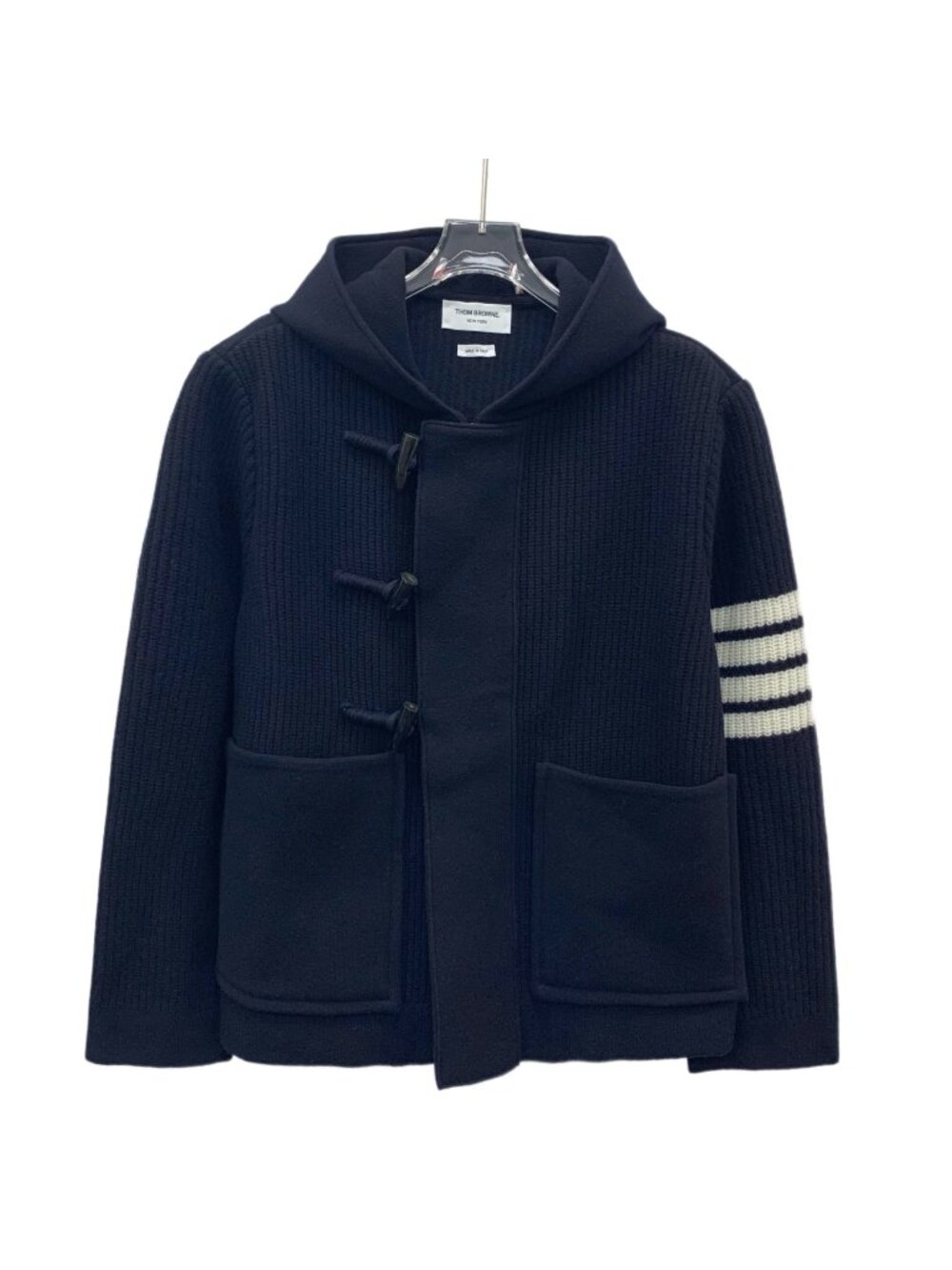 Thom Browne Navy Four-Bar Hooded Wool Knit Jacket